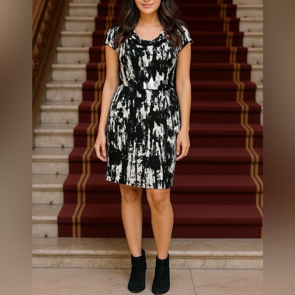 BCX Black/White Abstract Print Short Sleeve Dress w/ Back Zipper